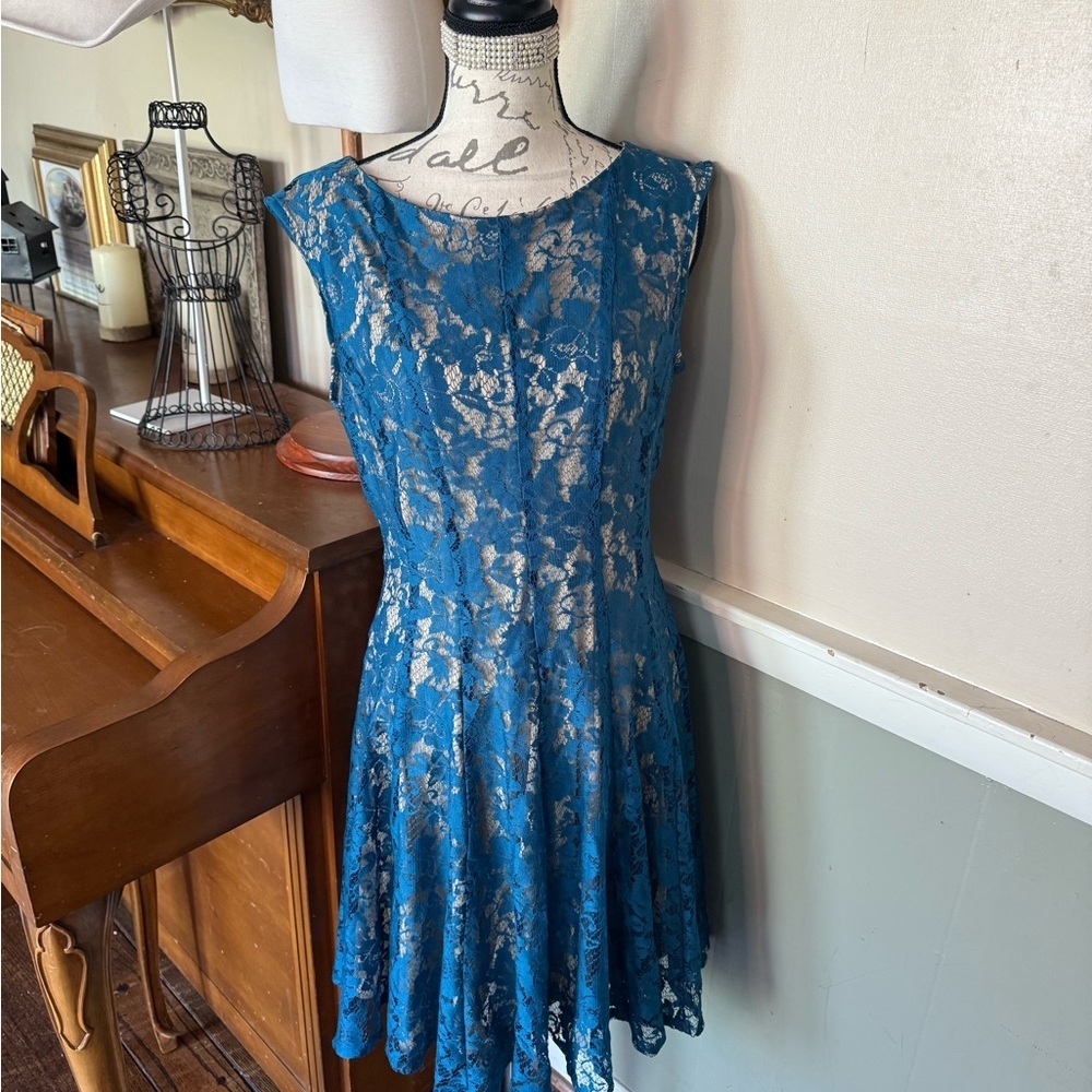 Danny and Nicole Indigo Lace Fit and Flare Teal Dress